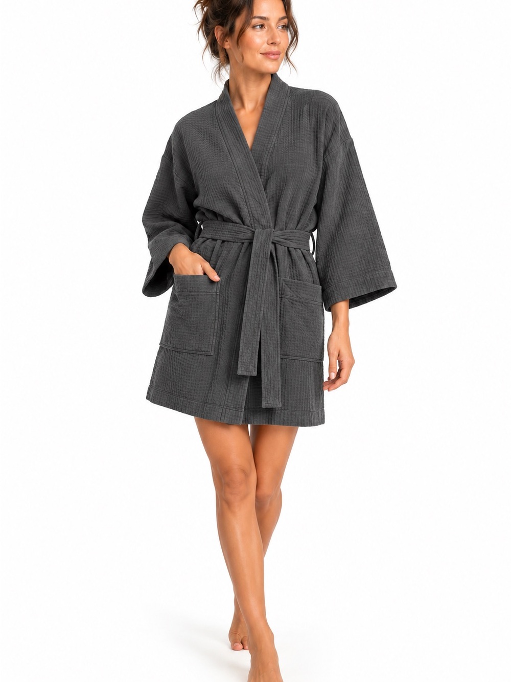 Chakir Turkish Linens Waffle Robe L/OS Charcoal Cotton Blend Spa Kimono Lounge